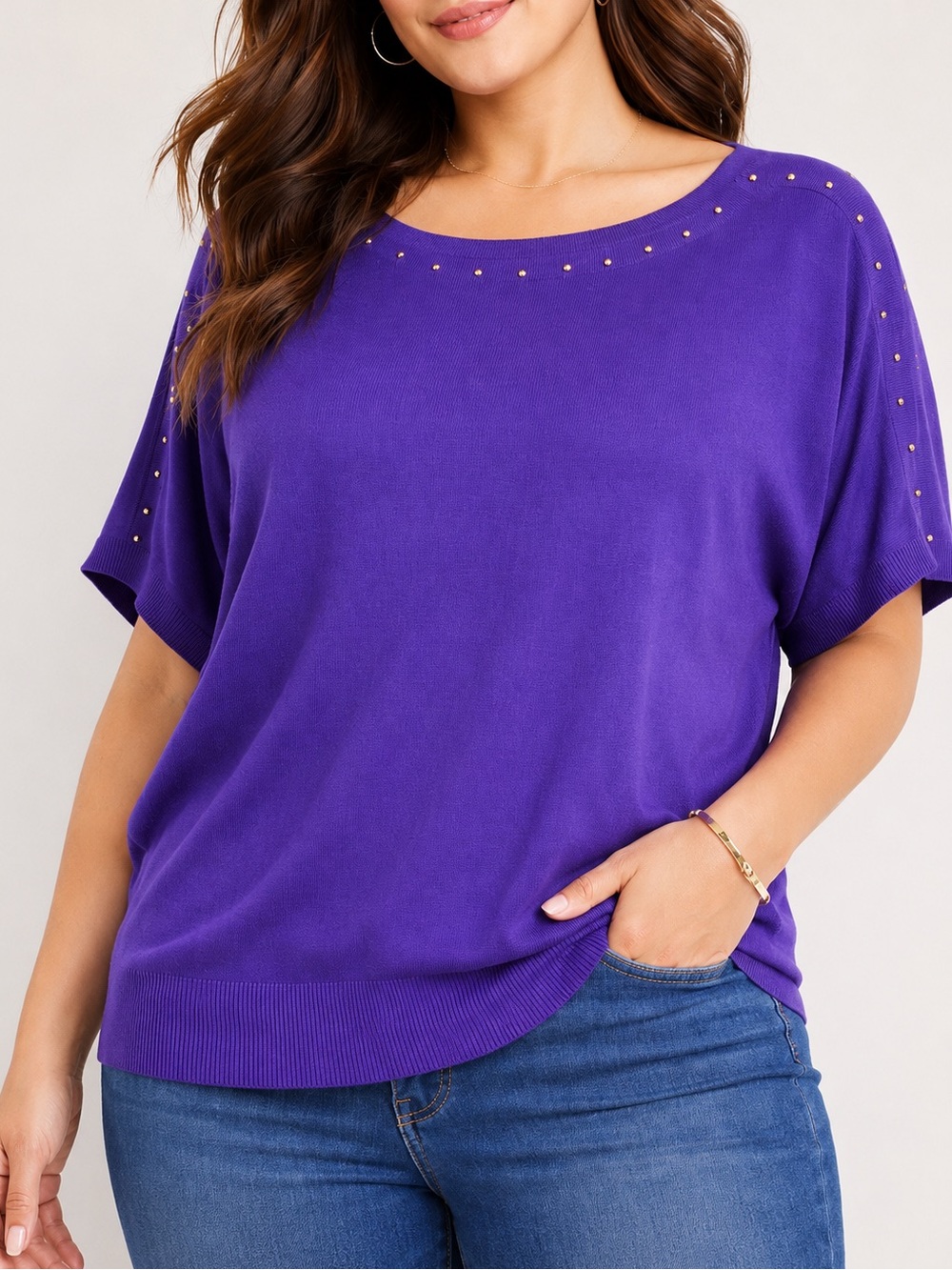 DRESSBARN Purple Studded Dolman Short Sleeve Sweater Boat Neck Plus 3X